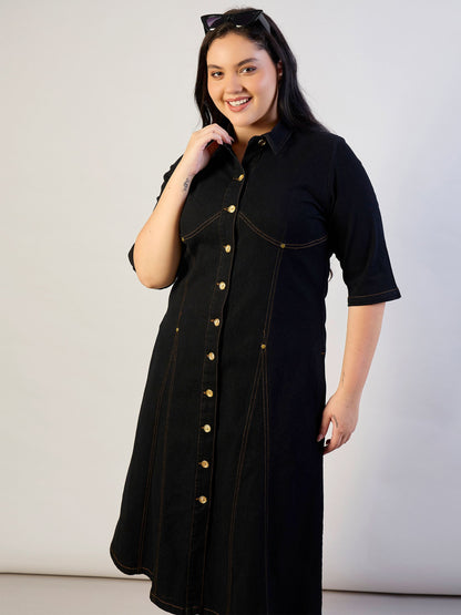 Jet Black Denim Button Down Midi Dress
