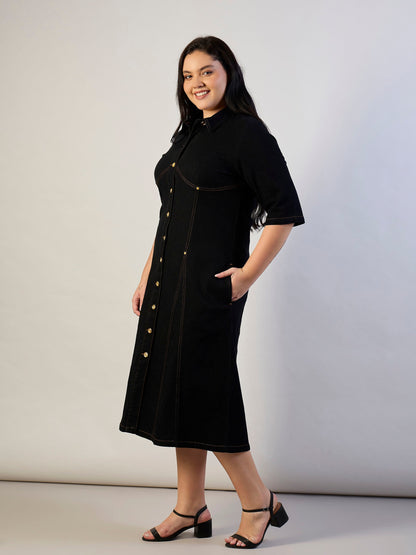 Jet Black Denim Button Down Midi Dress