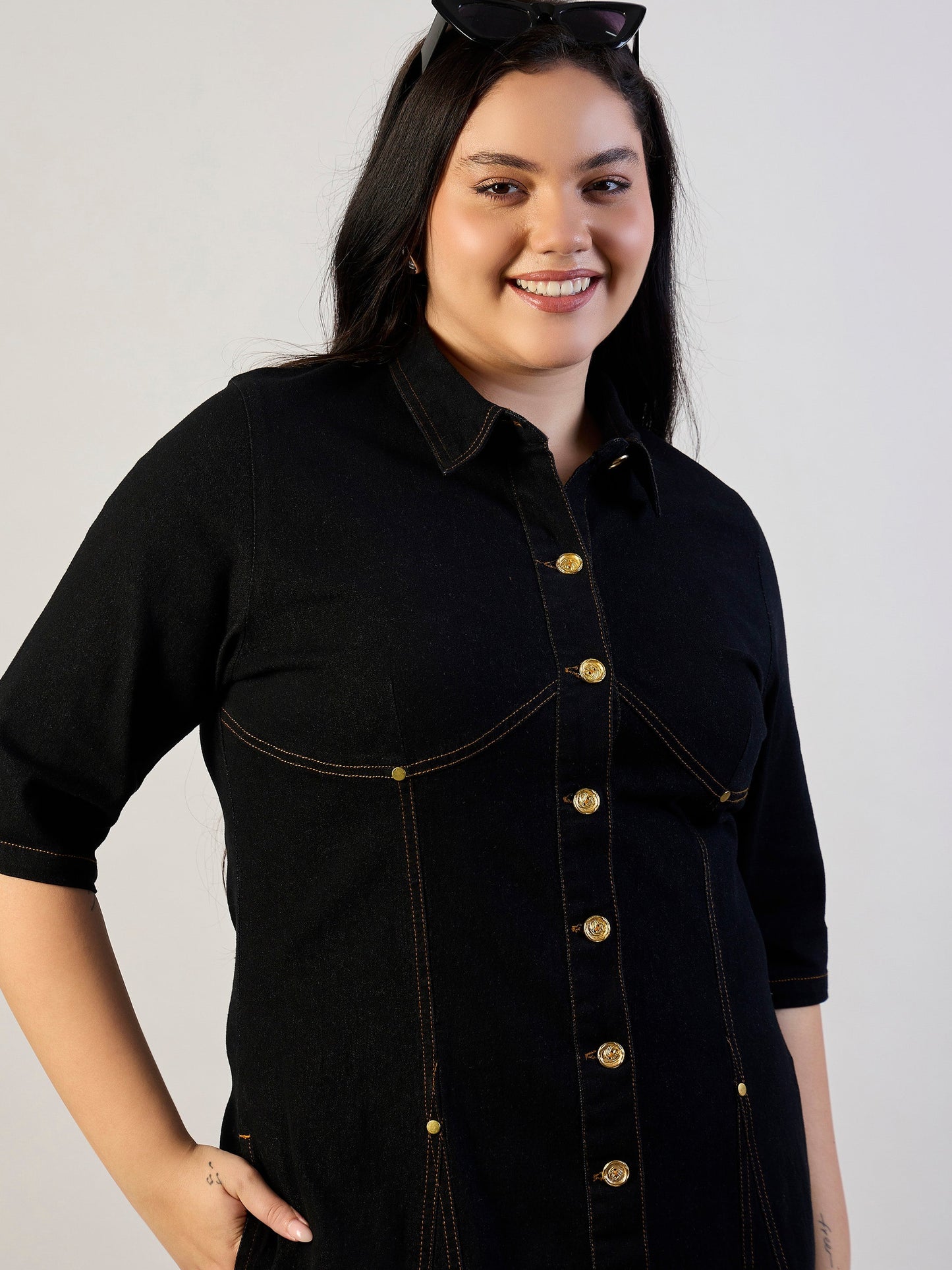 Jet Black Denim Button Down Midi Dress