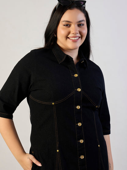 Jet Black Denim Button Down Midi Dress