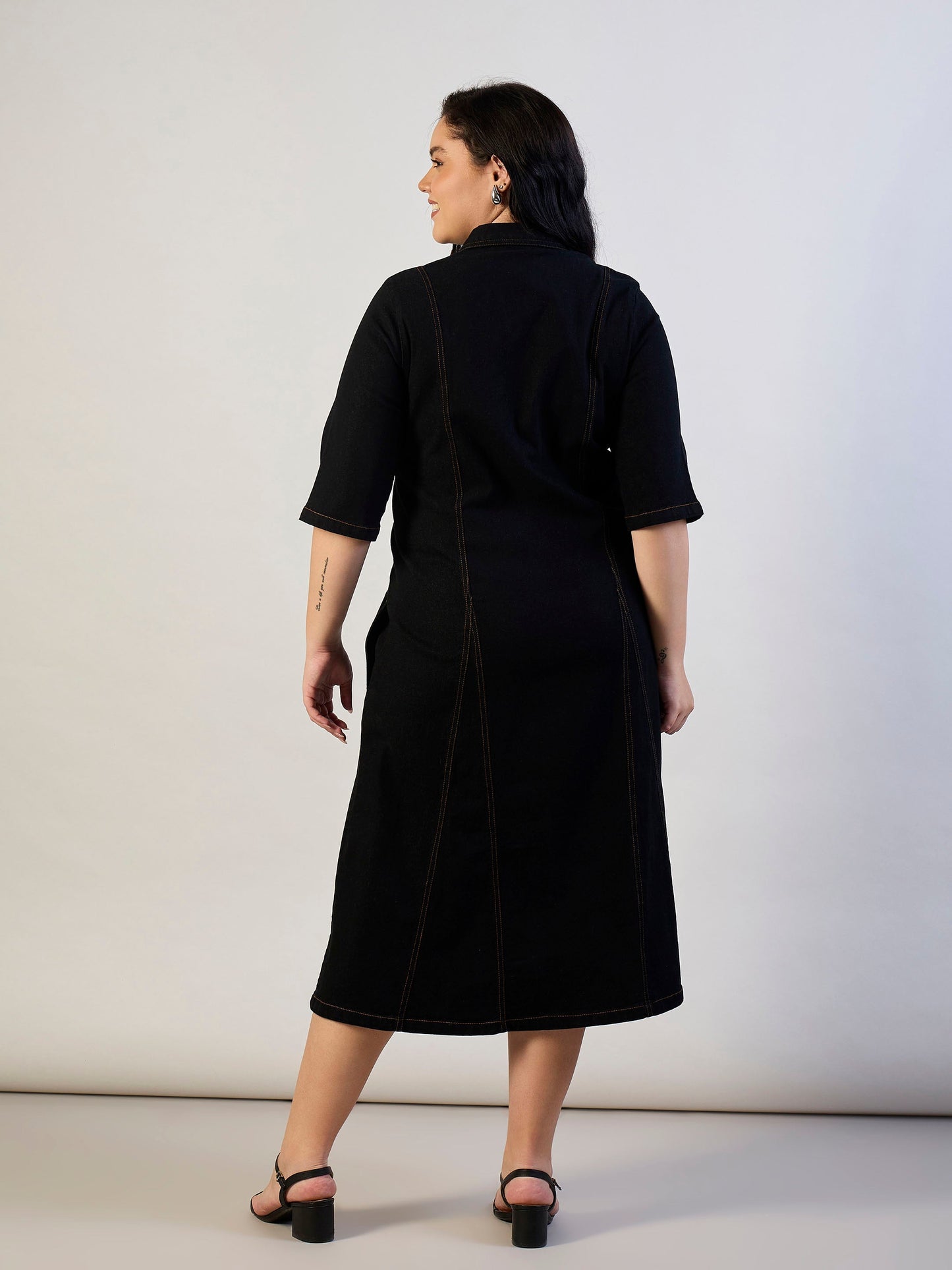 Jet Black Denim Button Down Midi Dress