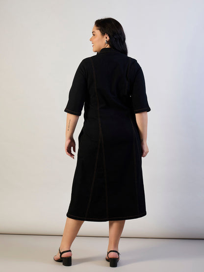 Jet Black Denim Button Down Midi Dress