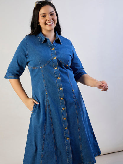 Blue Blast Denim Button Down Midi Dress