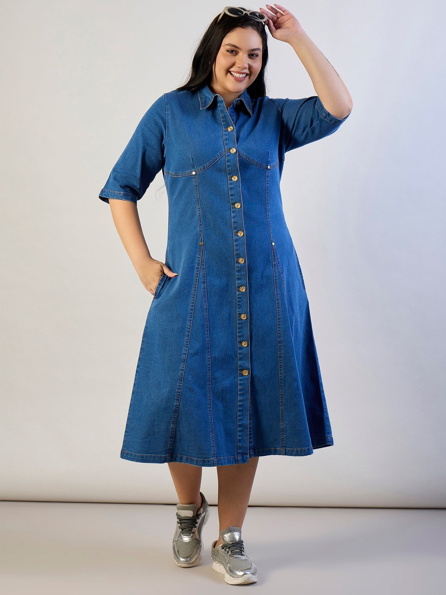 Blue Blast Denim Button Down Midi Dress