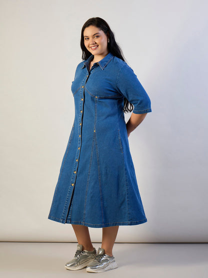 Blue Blast Denim Button Down Midi Dress