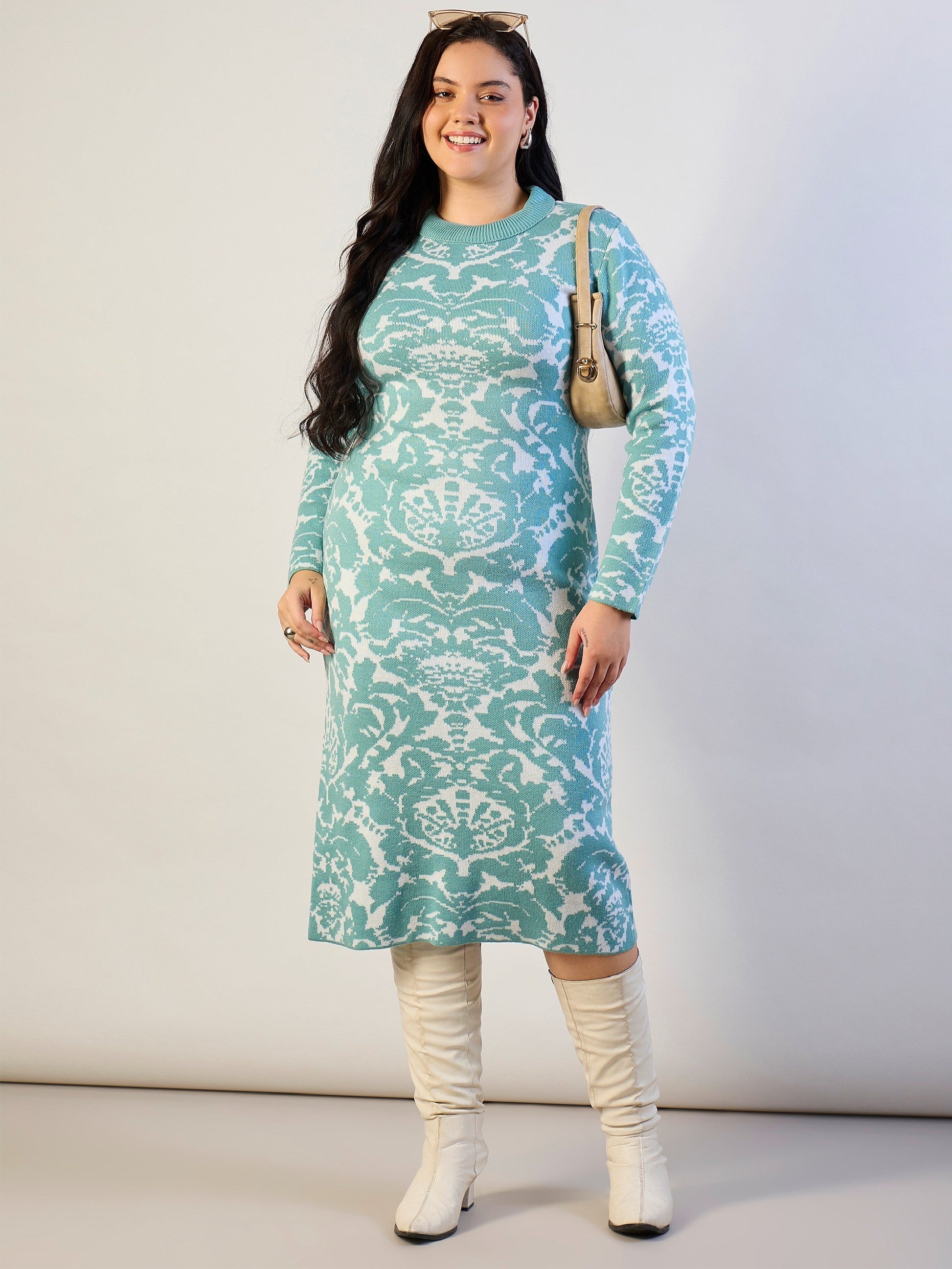 Plus size women's Blue 100% Acrylic Blue Printed Acrylic Wool High Neck Midi Dress by Sassafras Curve for wholesale buyers, boutiques, resellers and