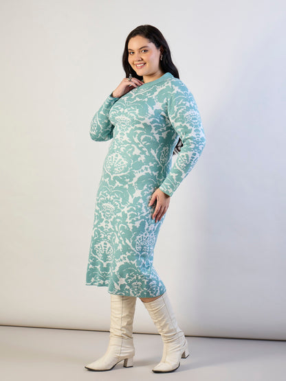 Women Blue Printed Acrylic Wool High Neck Midi Dress