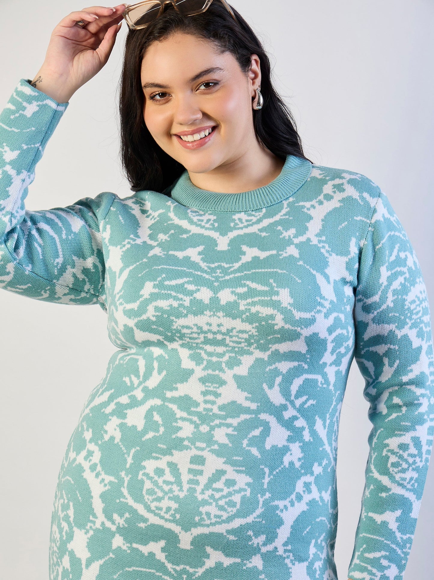 Women Blue Printed Acrylic Wool High Neck Midi Dress