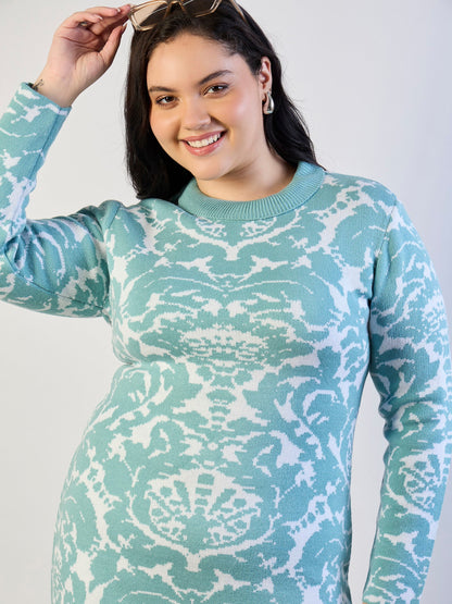 Women Blue Printed Acrylic Wool High Neck Midi Dress