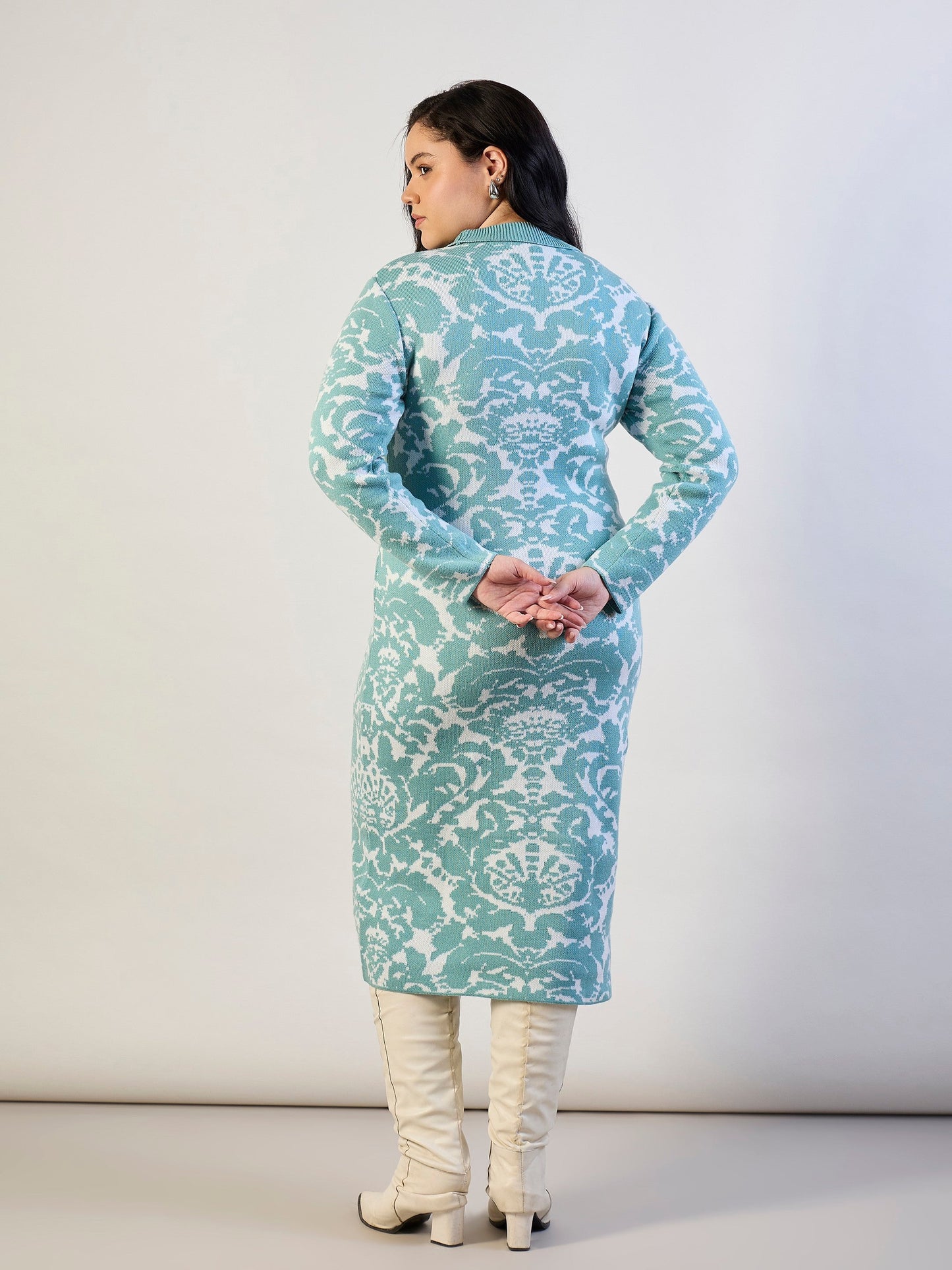 Women Blue Printed Acrylic Wool High Neck Midi Dress