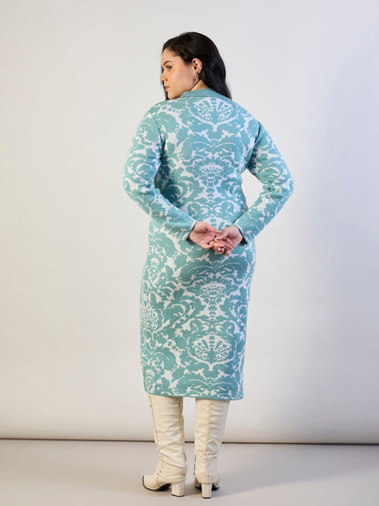 Women Blue Printed Acrylic Wool High Neck Midi Dress