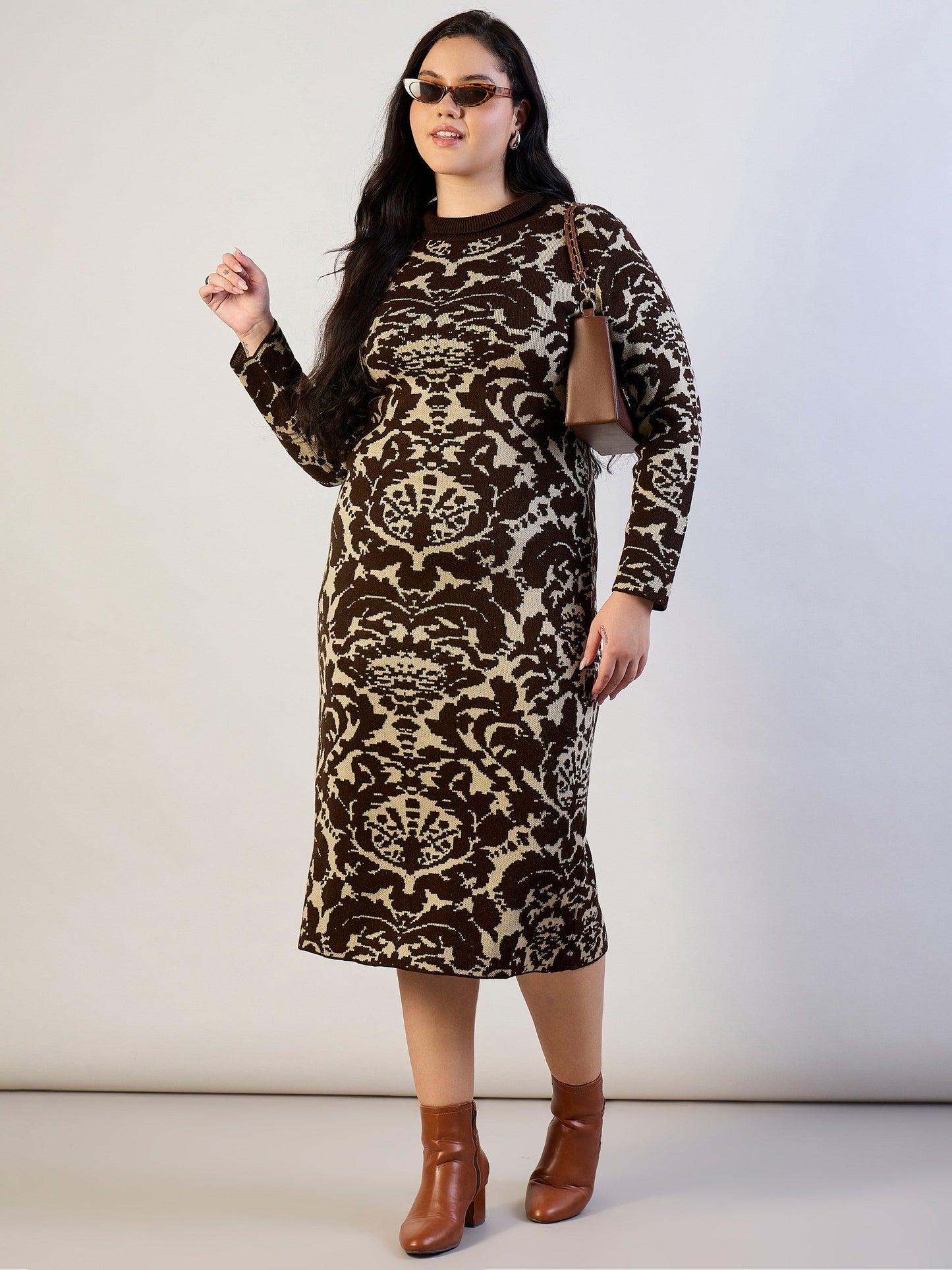 Plus size women's Brown 100% Acrylic Brown Printed Acrylic Wool High Neck Midi Dress by Sassafras Curve for wholesale buyers, boutiques, resellers