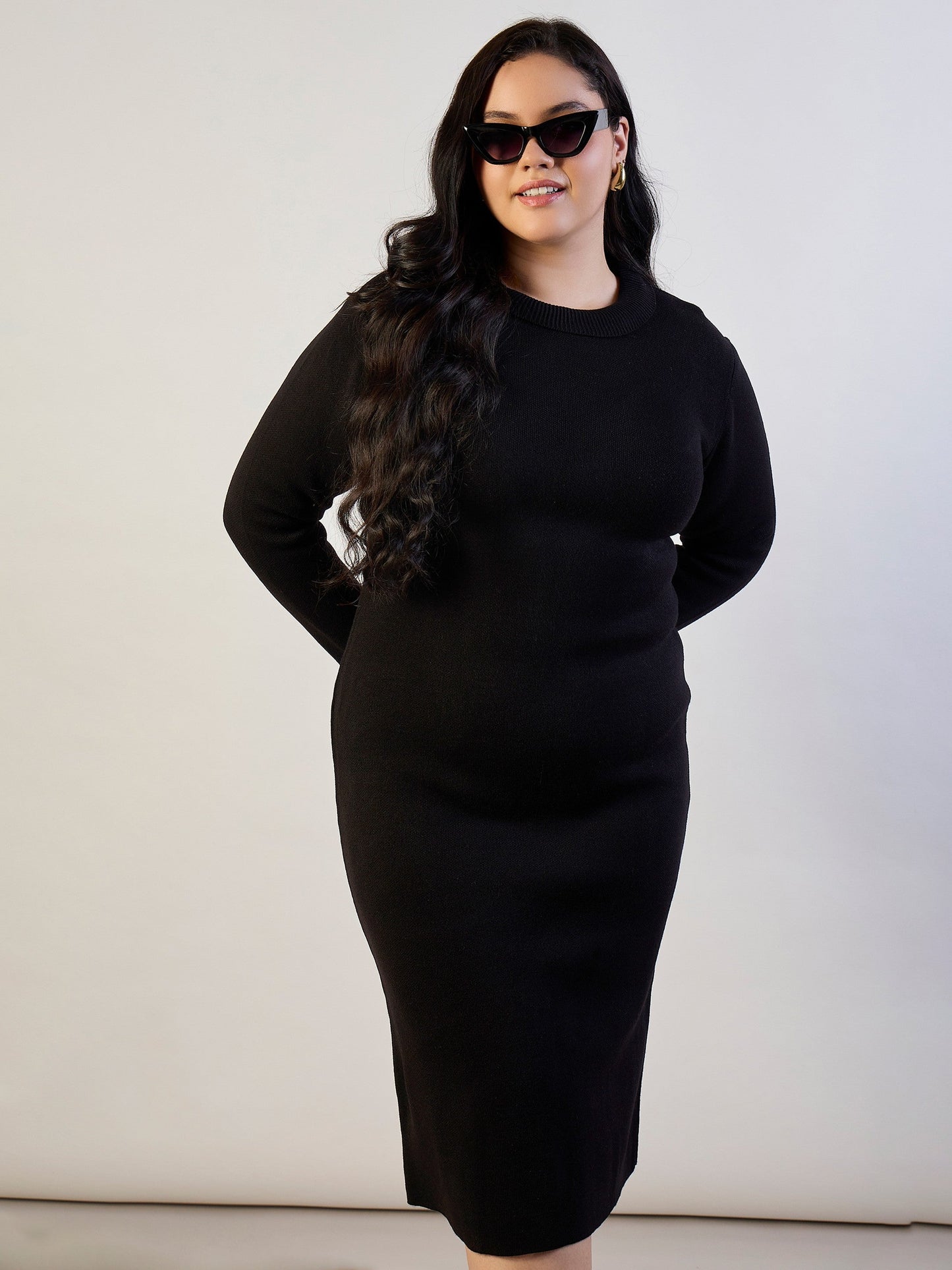 Plus size women's Black 100% Acrylic Black Solid Acrylic Wool High Neck Midi Dress by Sassafras Curve for wholesale buyers, boutiques, resellers and