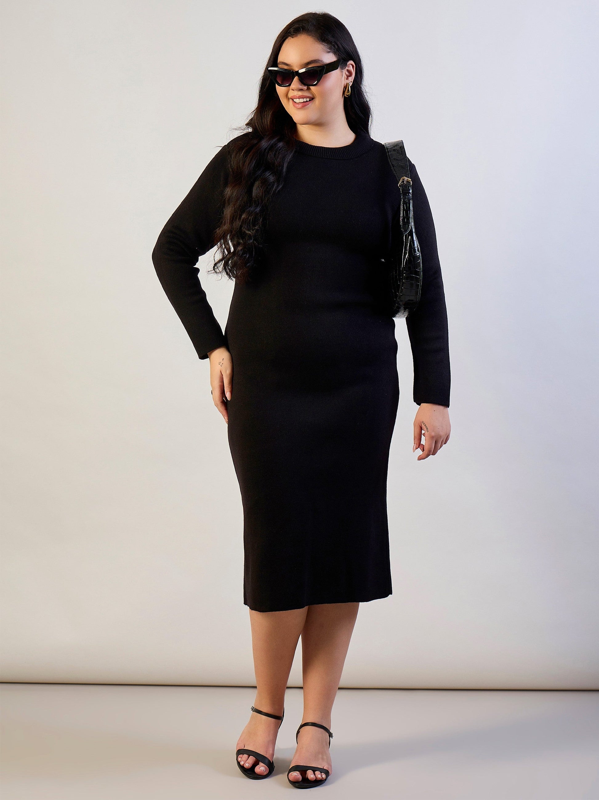 Black Solid Acrylic Wool High Neck Midi Dress-SASSAFRAS CURVE