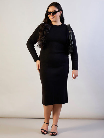 Black Solid Acrylic Wool High Neck Midi Dress-SASSAFRAS CURVE