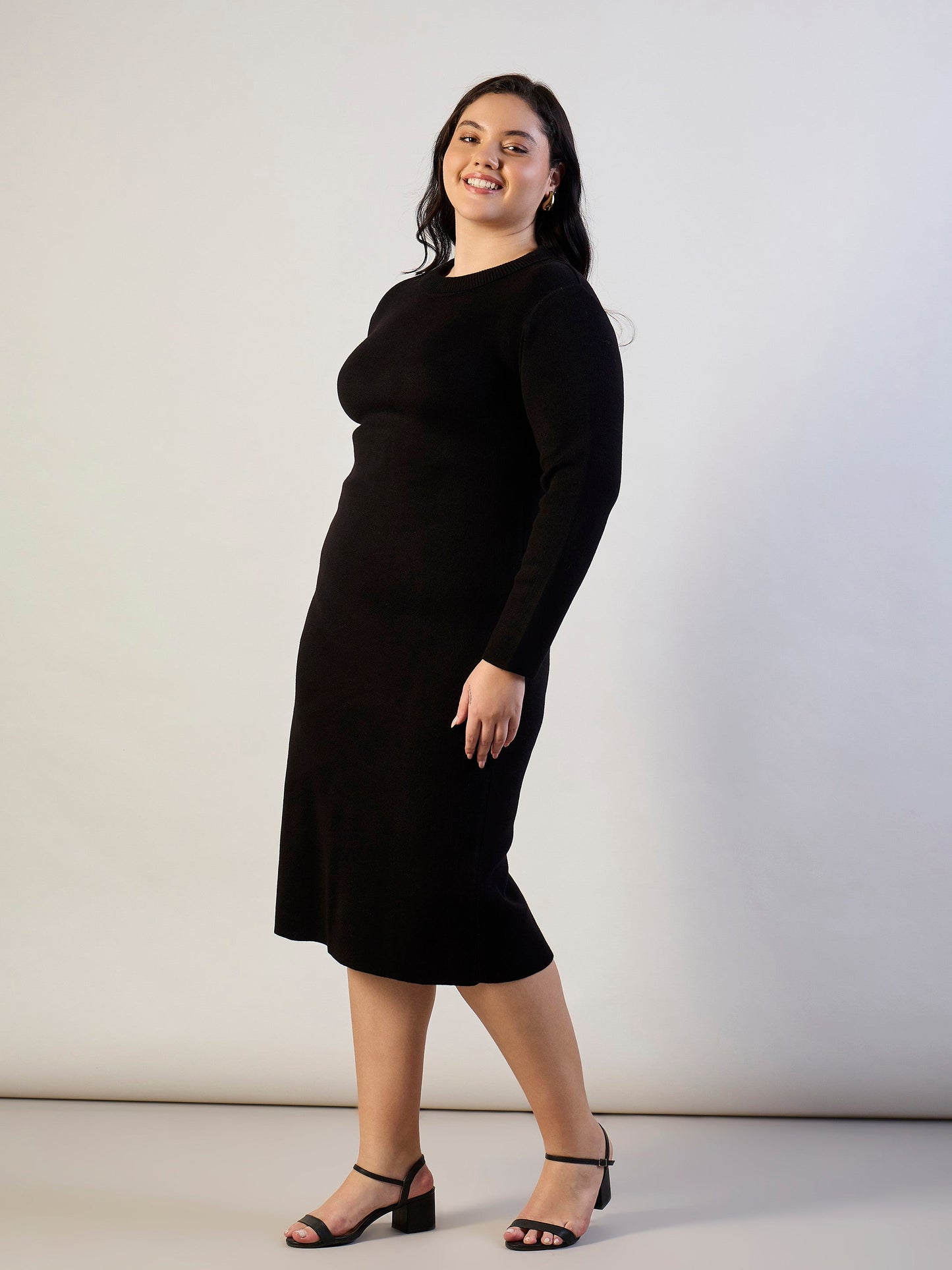 Black Solid Acrylic Wool High Neck Midi Dress-SASSAFRAS CURVE