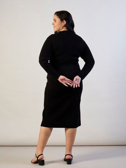 Black Solid Acrylic Wool High Neck Midi Dress-SASSAFRAS CURVE