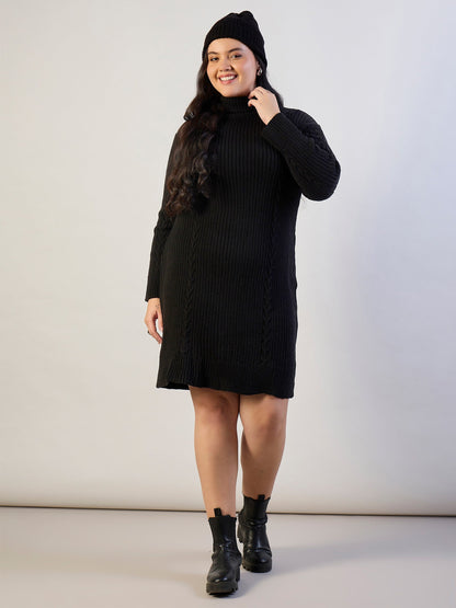 Black Acrylic Wool High Neck Short Dress-SASSAFRAS CURVE