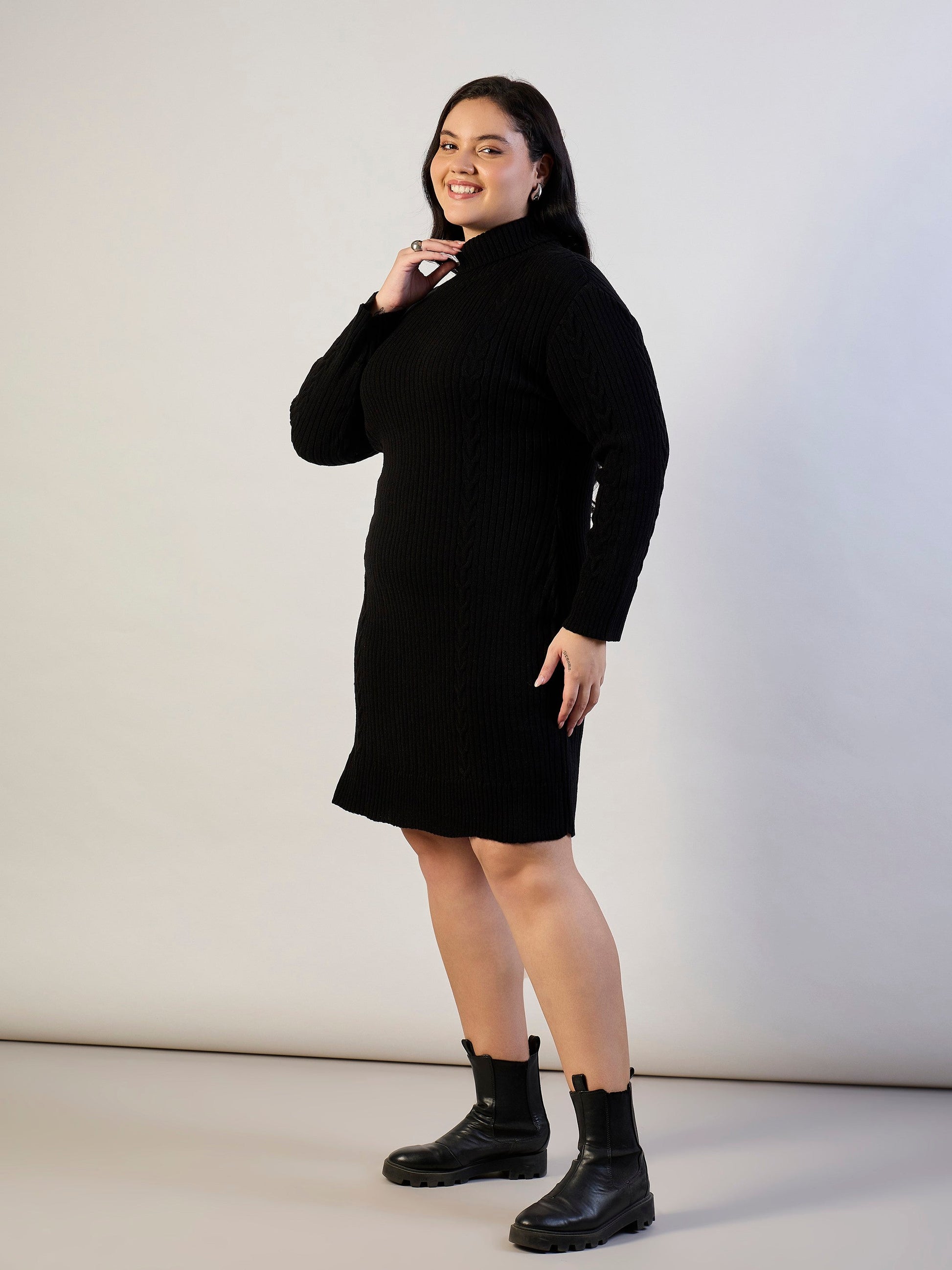 Black Acrylic Wool High Neck Short Dress-SASSAFRAS CURVE