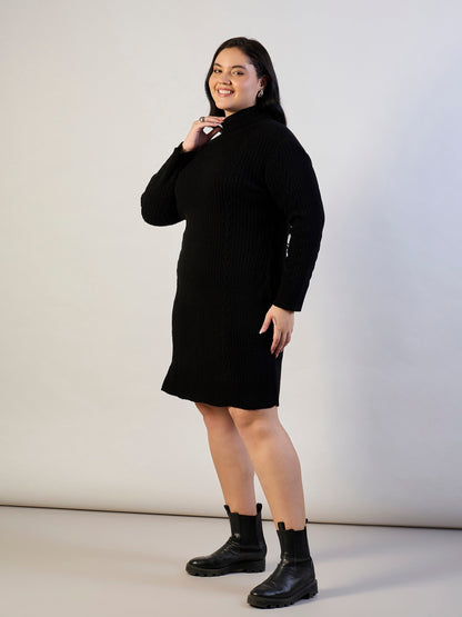 Black Acrylic Wool High Neck Short Dress-SASSAFRAS CURVE