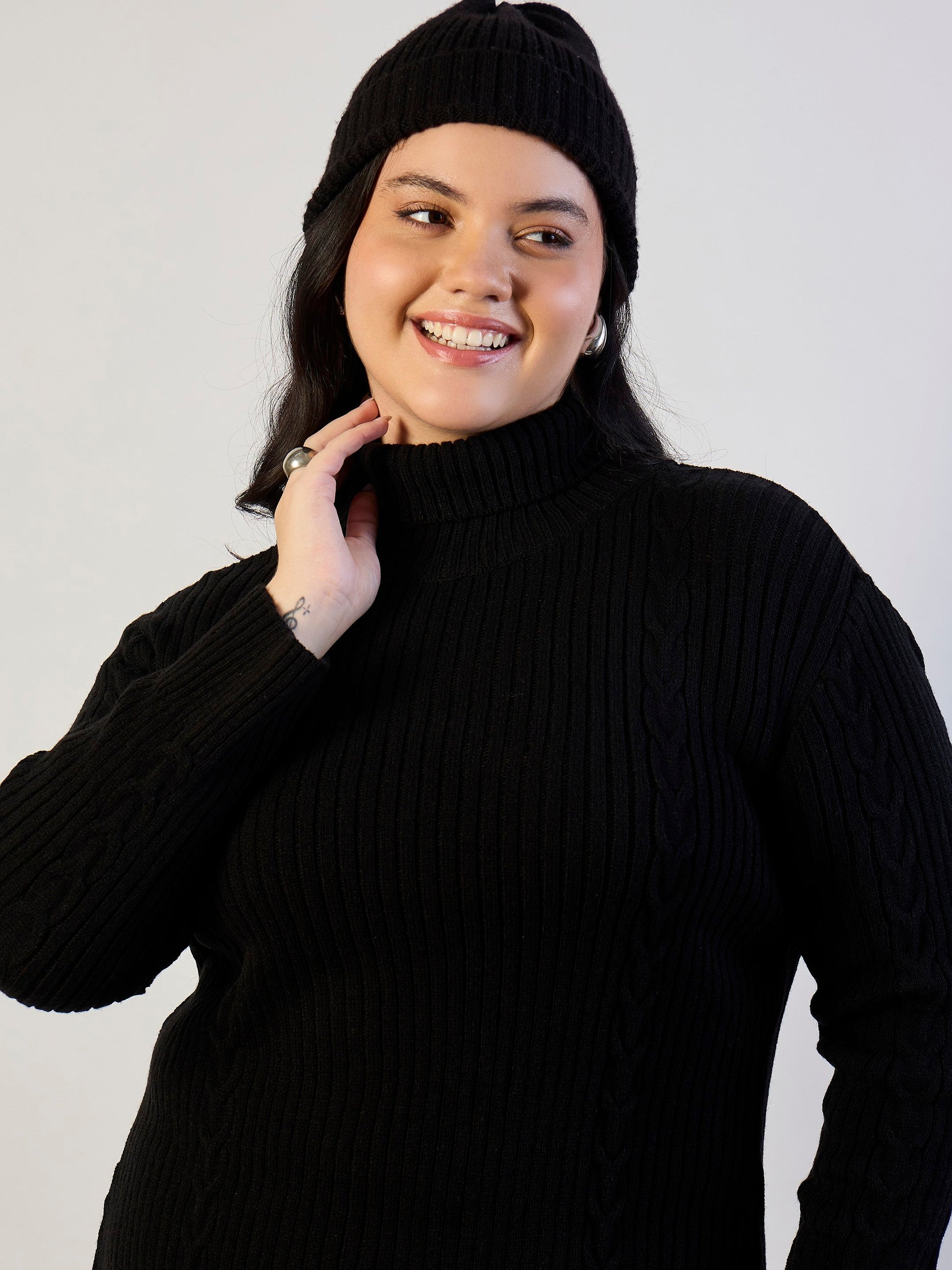 Black Acrylic Wool High Neck Short Dress-SASSAFRAS CURVE