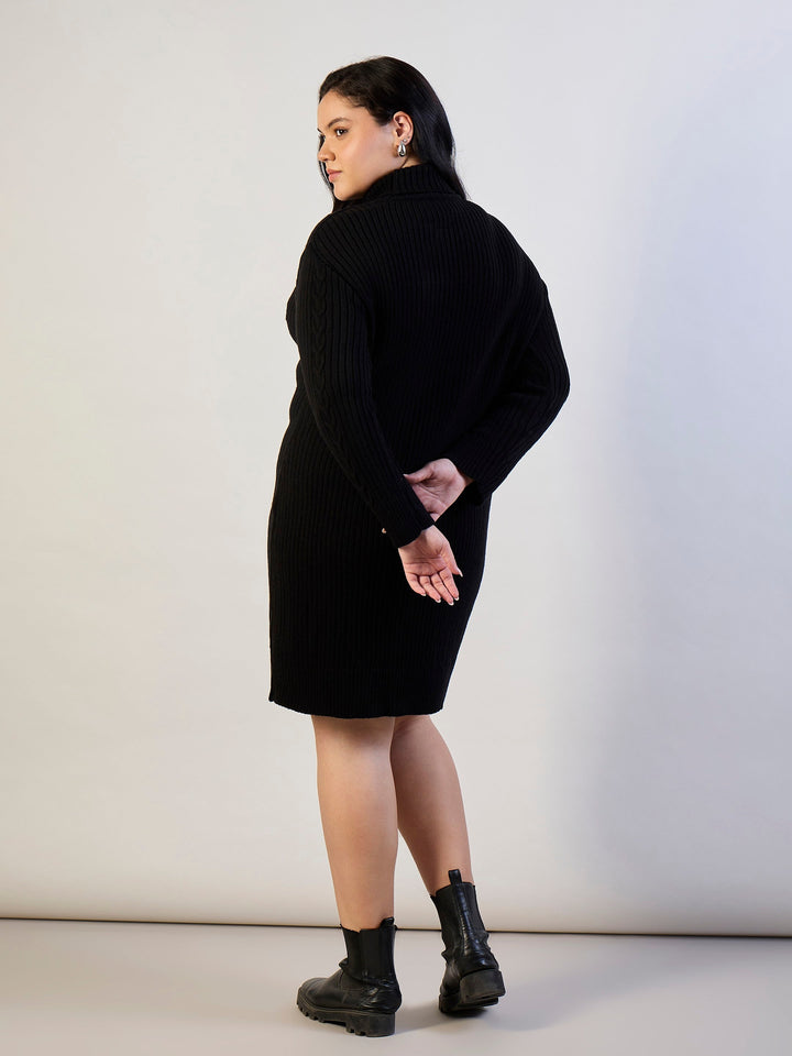 Black Acrylic Wool High Neck Short Dress-SASSAFRAS CURVE