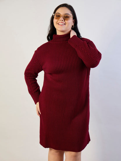 Plus size women's Maroon 100% Acrylic Maroon Acrylic Wool High Neck Short Dress by Sassafras Curve for wholesale buyers, boutiques, resellers and