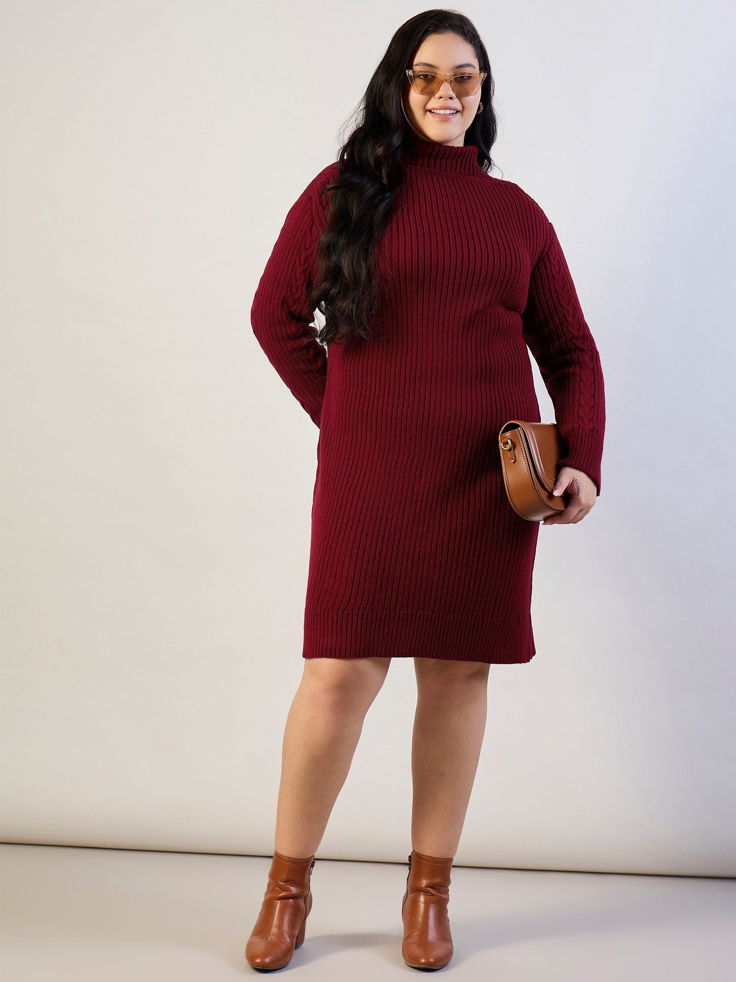Women Maroon Acrylic Wool High Neck Short Dress