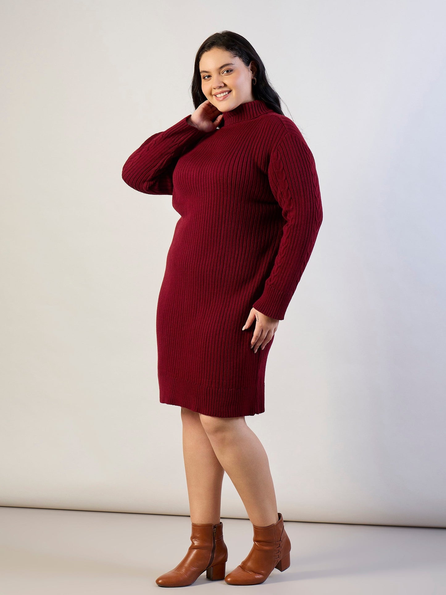 Women Maroon Acrylic Wool High Neck Short Dress