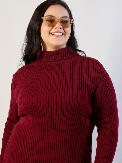 Women Maroon Acrylic Wool High Neck Short Dress