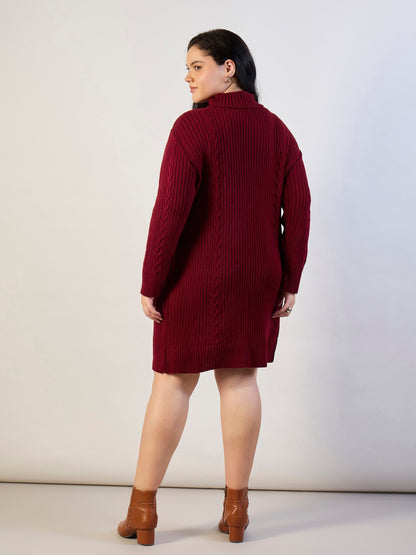 Women Maroon Acrylic Wool High Neck Short Dress