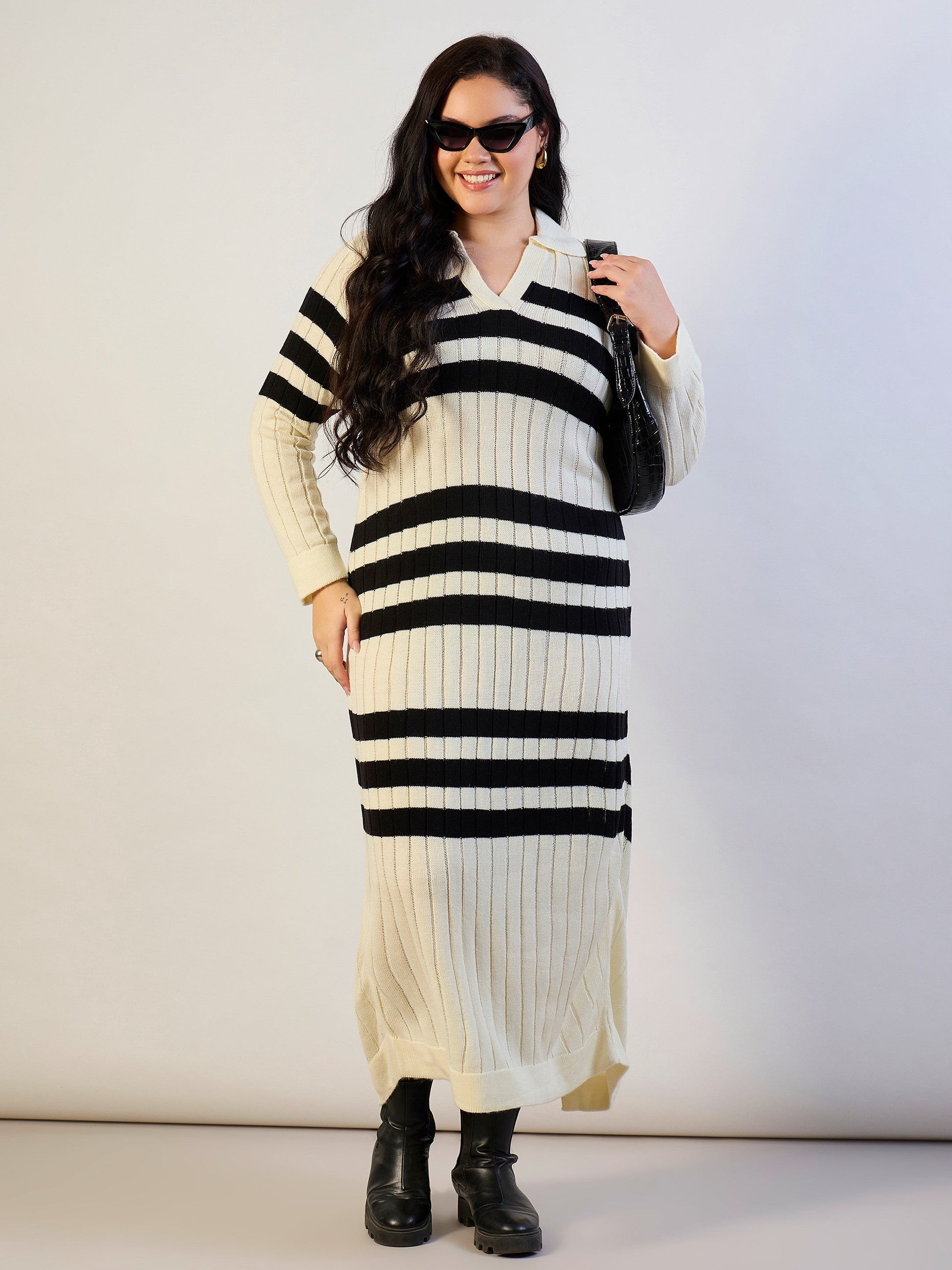Plus size women's Black 100% Acrylic Black & White Striped Acrylic Wool Collar Midi Dress by Sassafras Curve for wholesale buyers, boutiques,