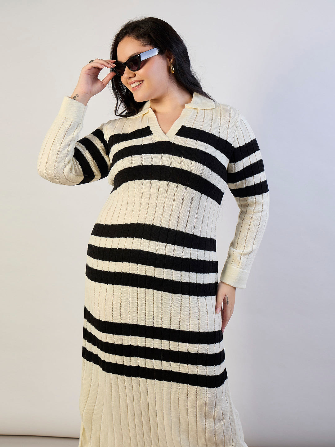 Black &amp; White Striped Acrylic Wool Collar Midi Dress-SASSAFRAS CURVE