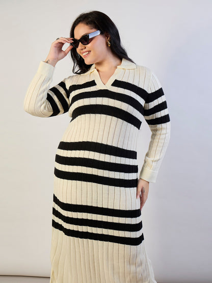 Black & White Striped Acrylic Wool Collar Midi Dress-SASSAFRAS CURVE