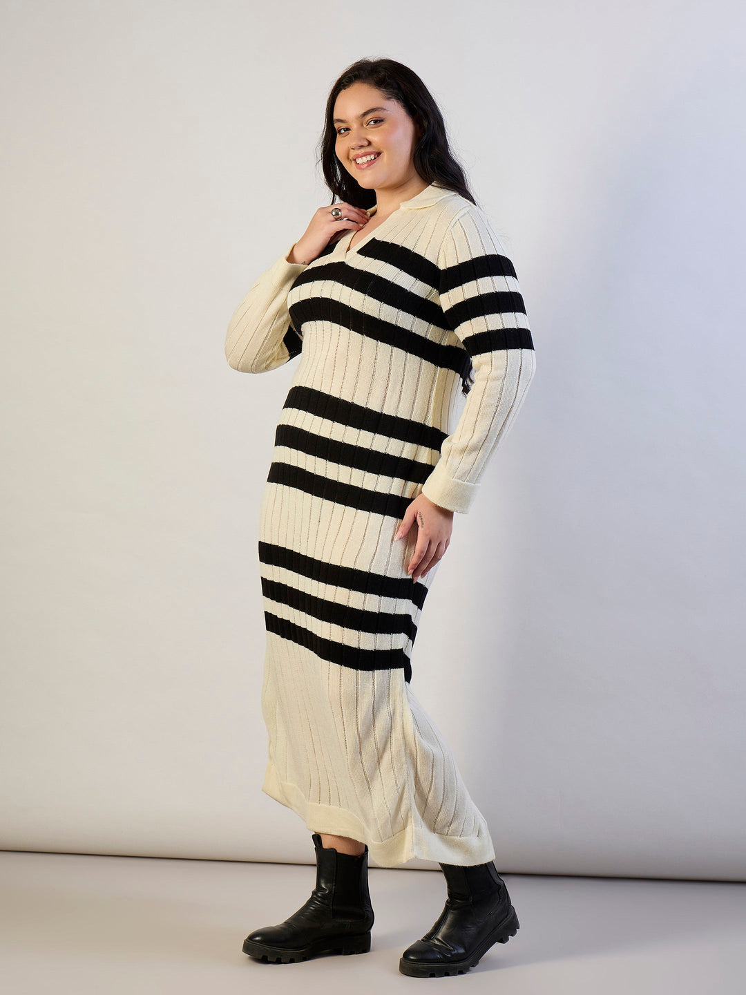 Black &amp; White Striped Acrylic Wool Collar Midi Dress-SASSAFRAS CURVE