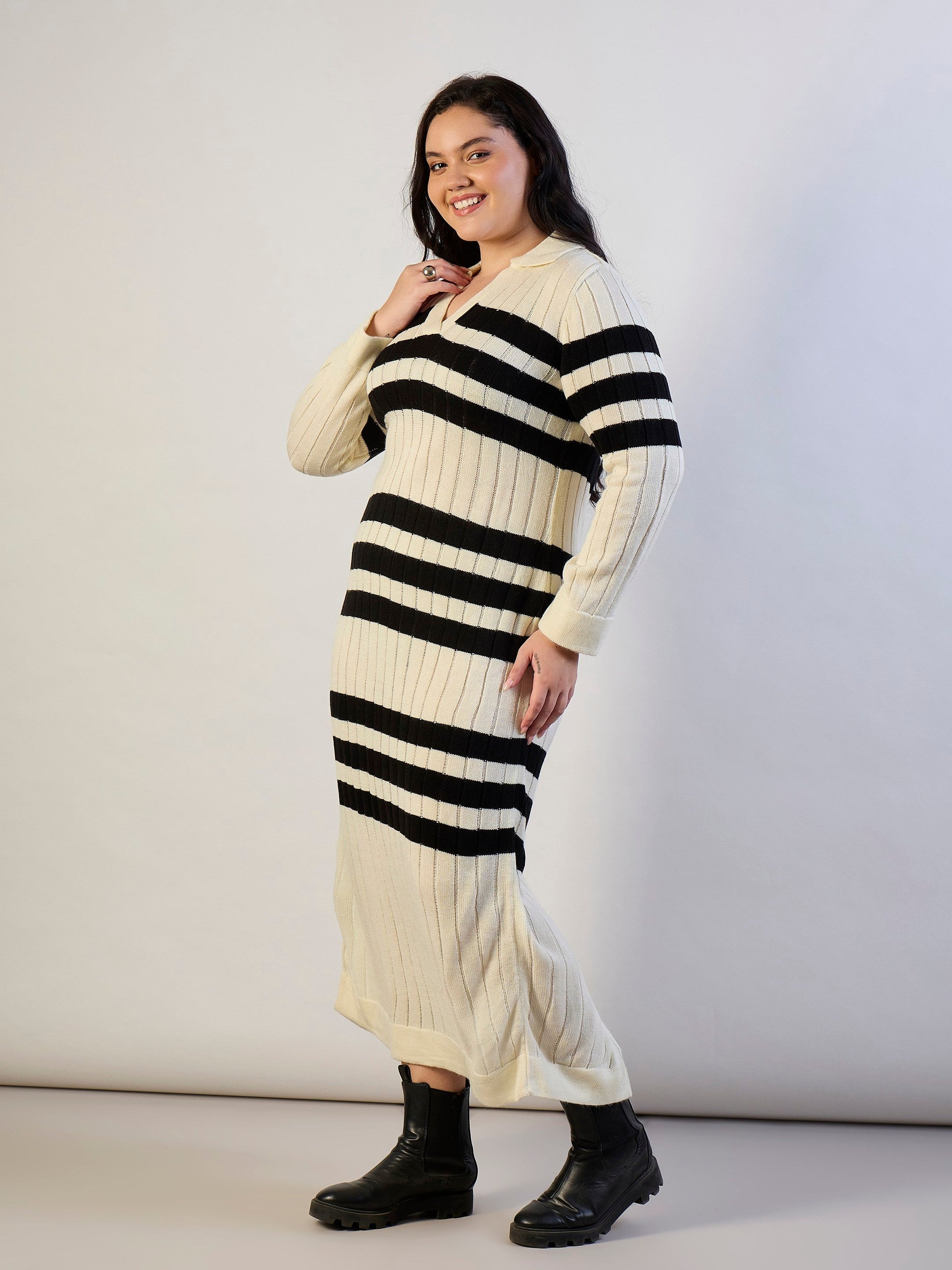 Black & White Striped Acrylic Wool Collar Midi Dress-SASSAFRAS CURVE