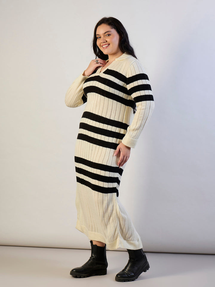 Black &amp; White Striped Acrylic Wool Collar Midi Dress-SASSAFRAS CURVE