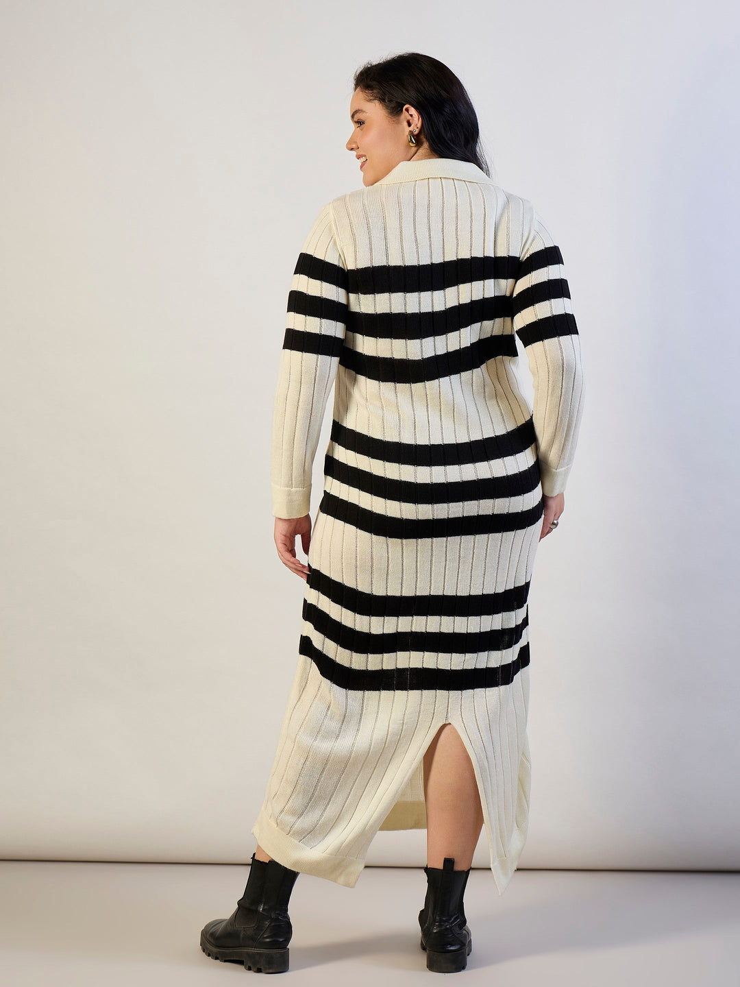 Black &amp; White Striped Acrylic Wool Collar Midi Dress-SASSAFRAS CURVE