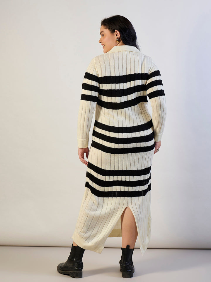 Black &amp; White Striped Acrylic Wool Collar Midi Dress-SASSAFRAS CURVE