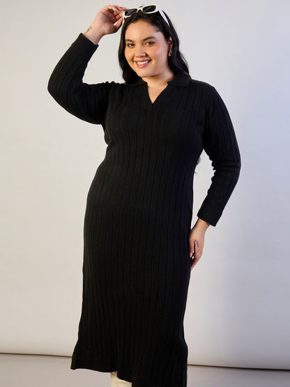 Plus size women's Black 100% Acrylic Black Solid Acrylic Wool Collar Midi Dress by Sassafras Curve for wholesale buyers, boutiques, resellers and