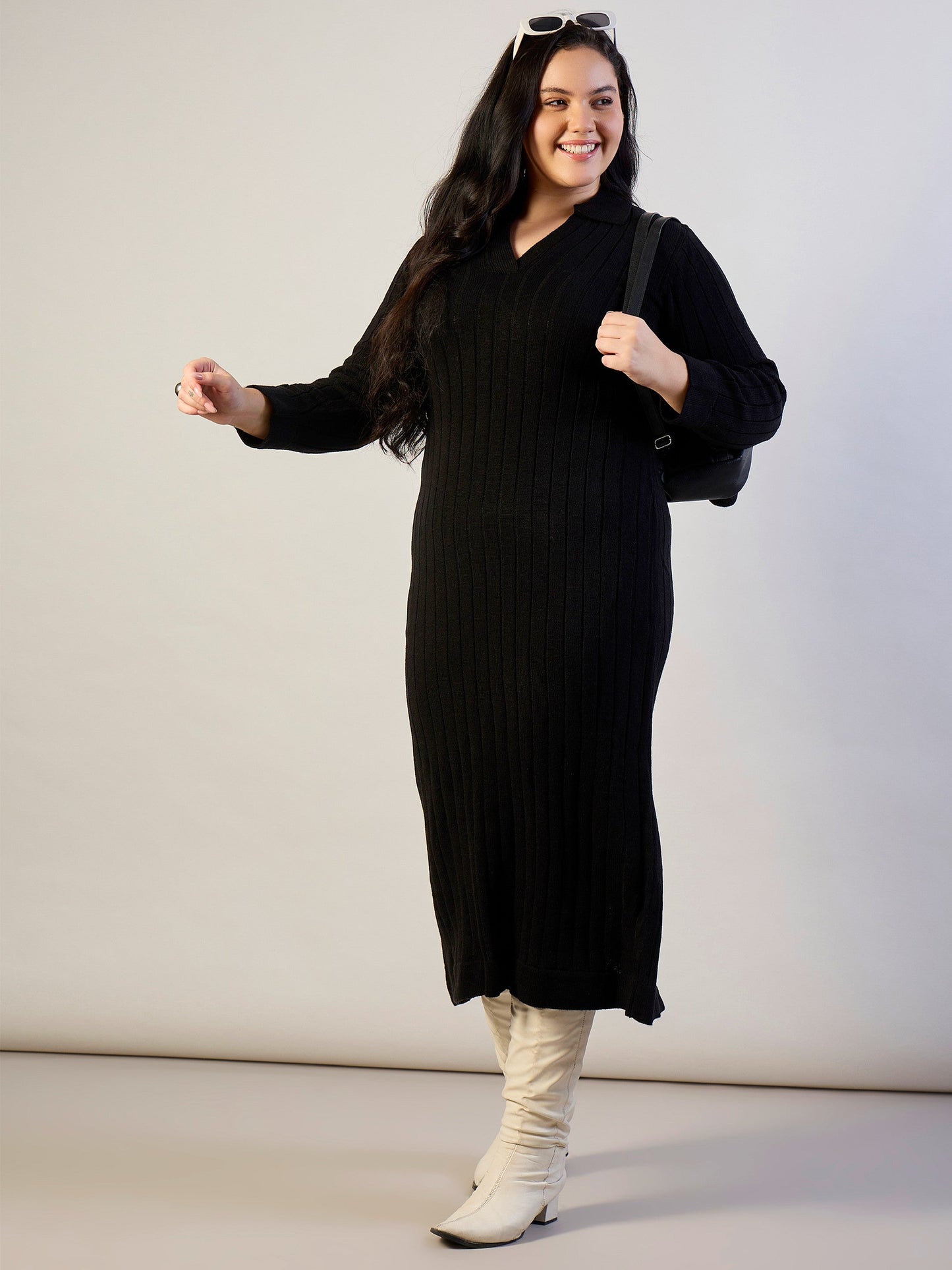 Black Solid Acrylic Wool Collar Midi Dress-SASSAFRAS CURVE