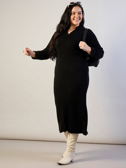 Black Solid Acrylic Wool Collar Midi Dress-SASSAFRAS CURVE