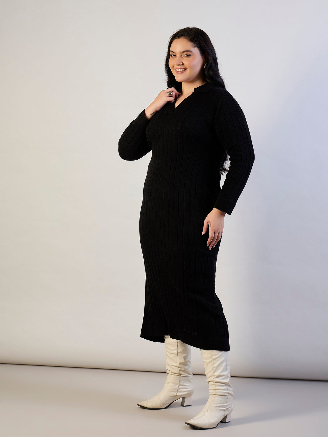 Black Solid Acrylic Wool Collar Midi Dress-SASSAFRAS CURVE