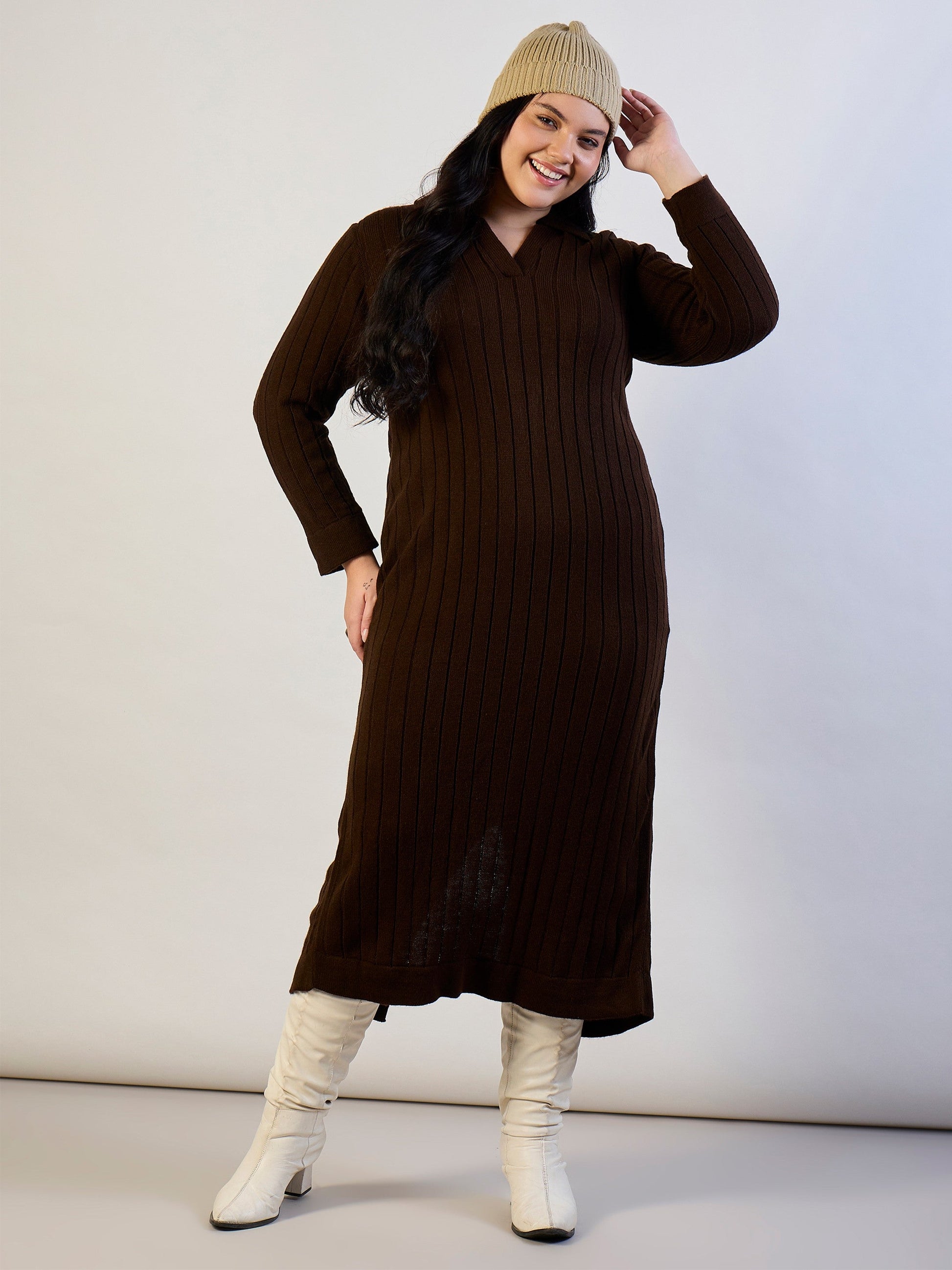Plus size women's Brown 100% Acrylic Brown Solid Acrylic Wool Collar Midi Dress by Sassafras Curve for wholesale buyers, boutiques, resellers and