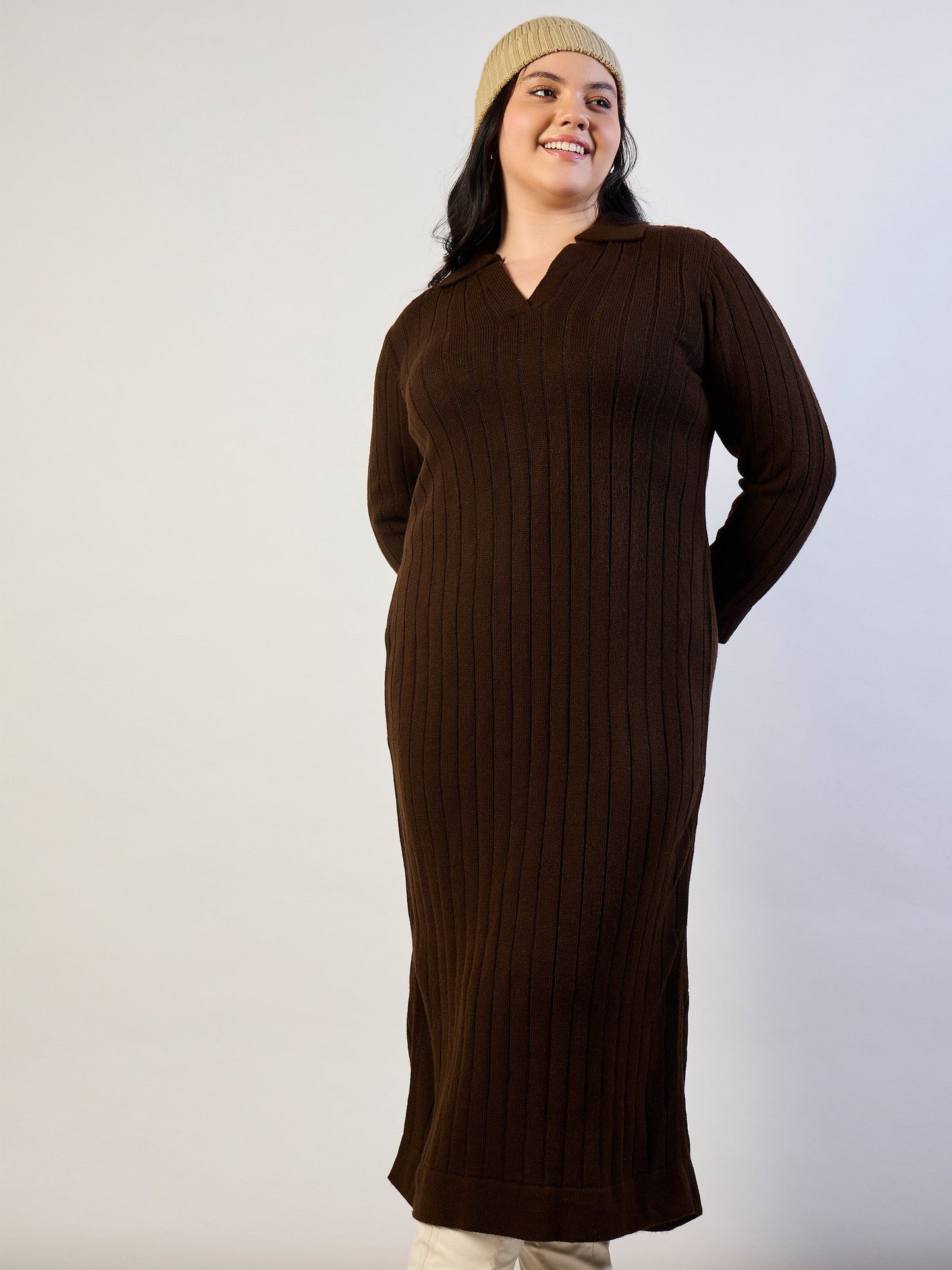 Women Brown Solid Acrylic Wool Collar Midi Dress