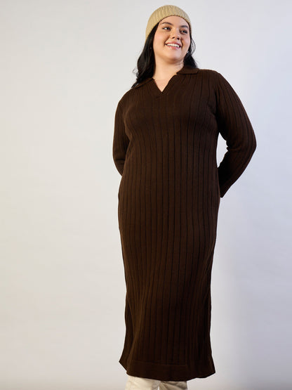 Women Brown Solid Acrylic Wool Collar Midi Dress