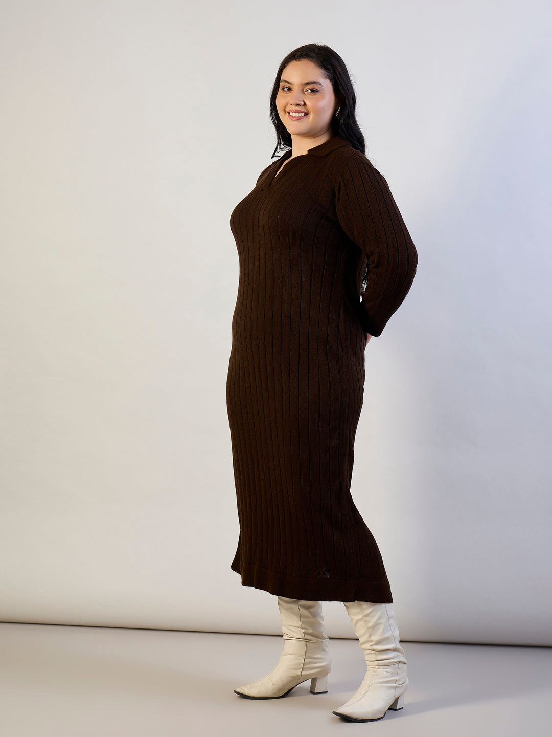 Women Brown Solid Acrylic Wool Collar Midi Dress