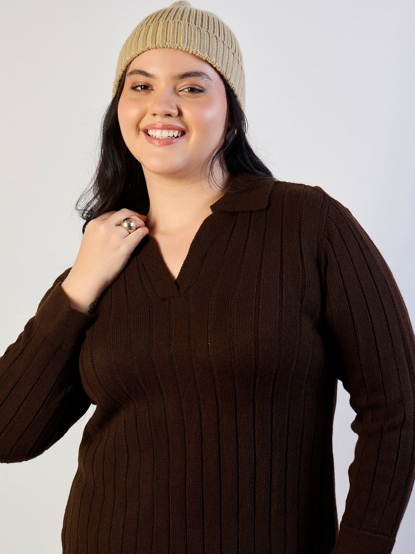 Women Brown Solid Acrylic Wool Collar Midi Dress