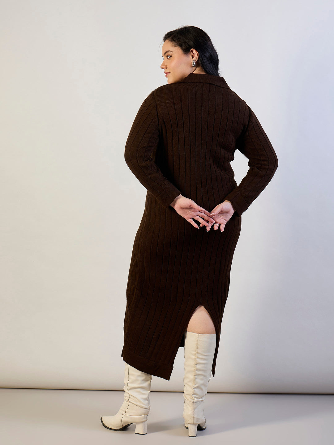 Women Brown Solid Acrylic Wool Collar Midi Dress