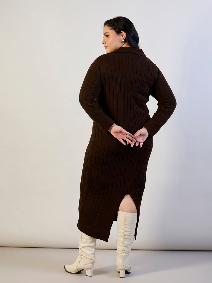 Women Brown Solid Acrylic Wool Collar Midi Dress